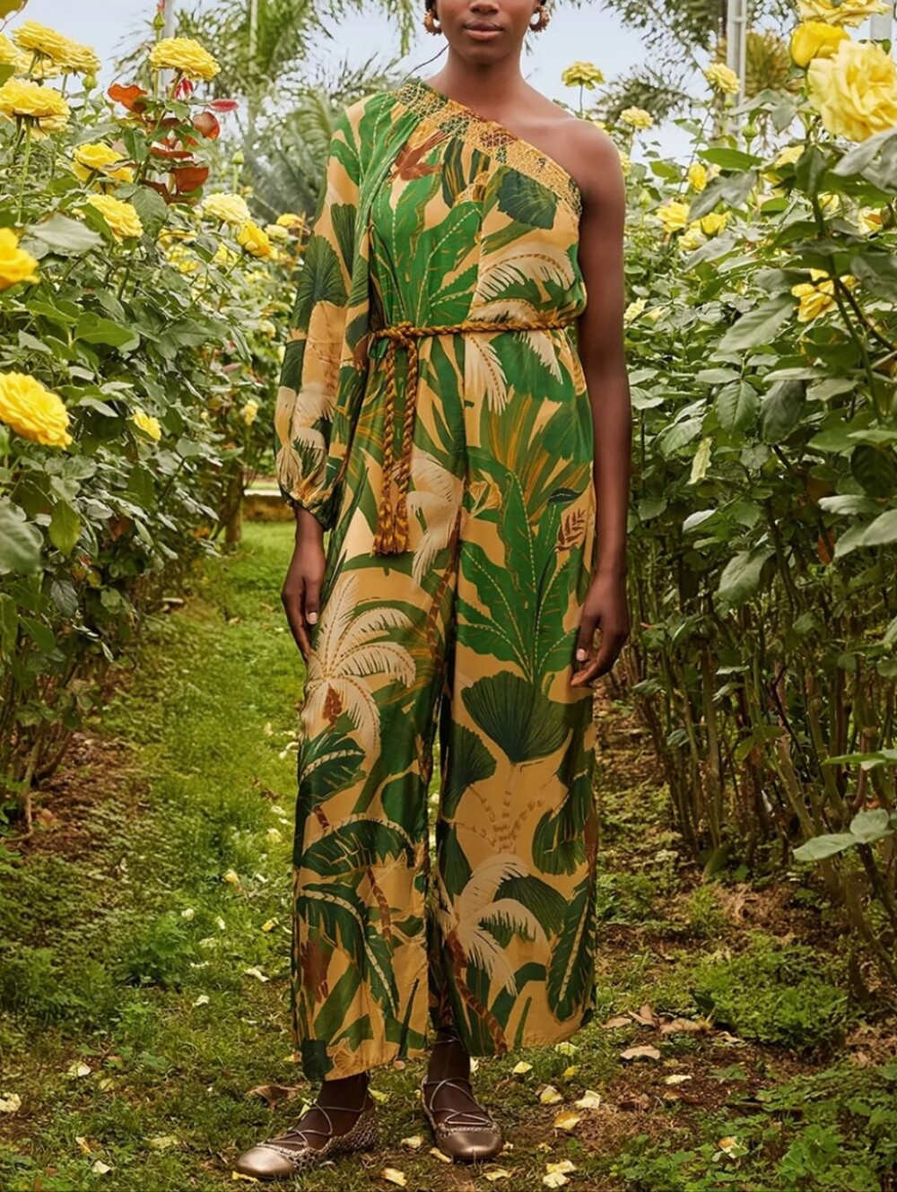 FARM Rio Isla Beige Tropical One Shoulder Wide Leg Jumpsuit Size XS